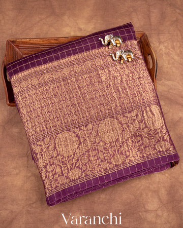 Deep Wine Purple Pure Crush Kora Silk Saree 
