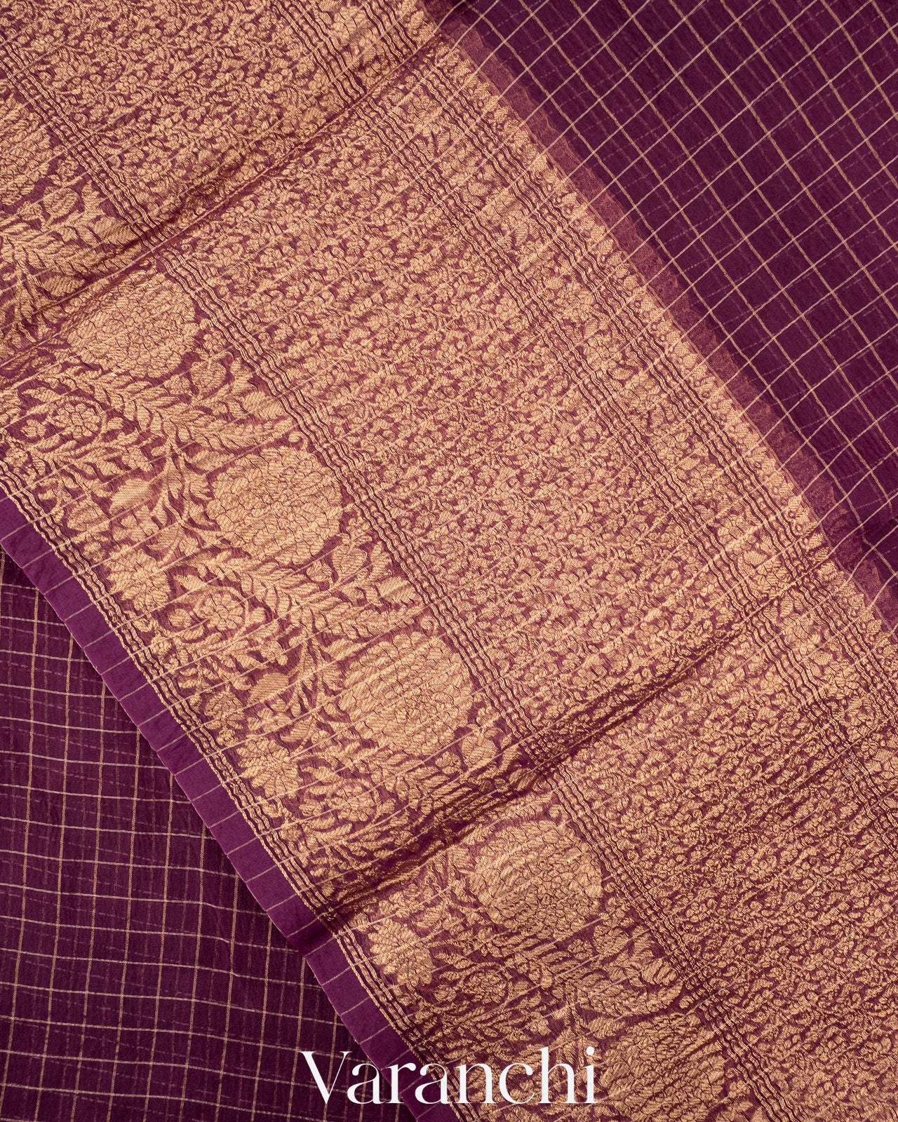 Deep Wine Purple Pure Crush Kora Silk Saree 