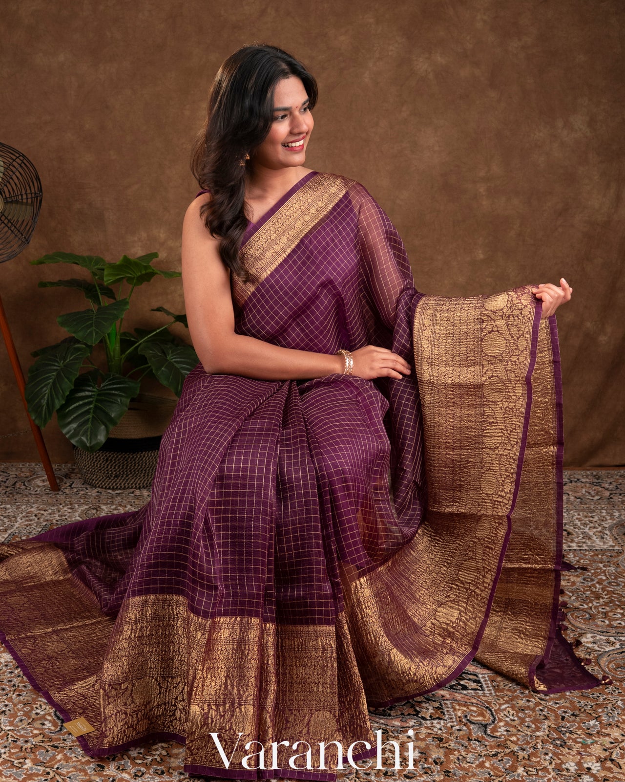 Deep Wine Purple Pure Crush Kora Silk Saree 