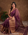 Deep Wine Purple Pure Crush Kora Silk Saree 