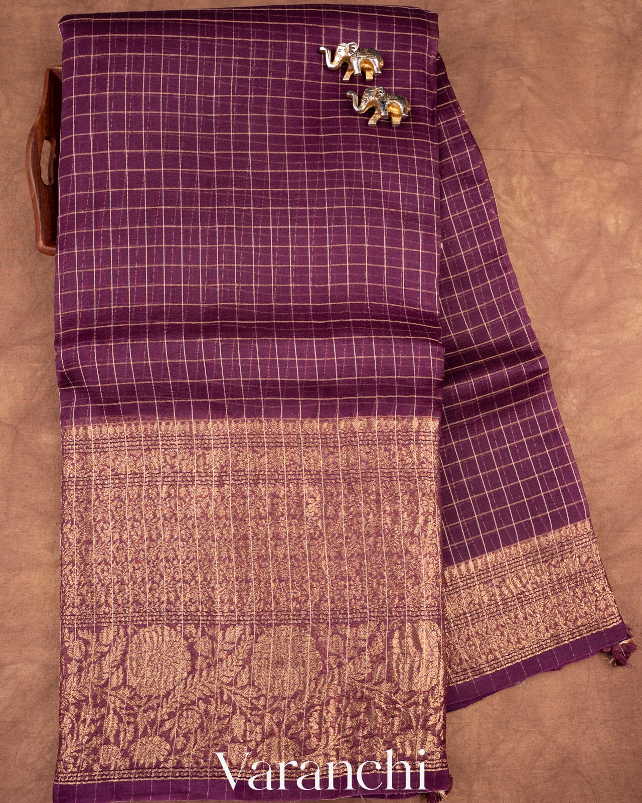 Deep Wine Purple Pure Crush Kora Silk Saree 