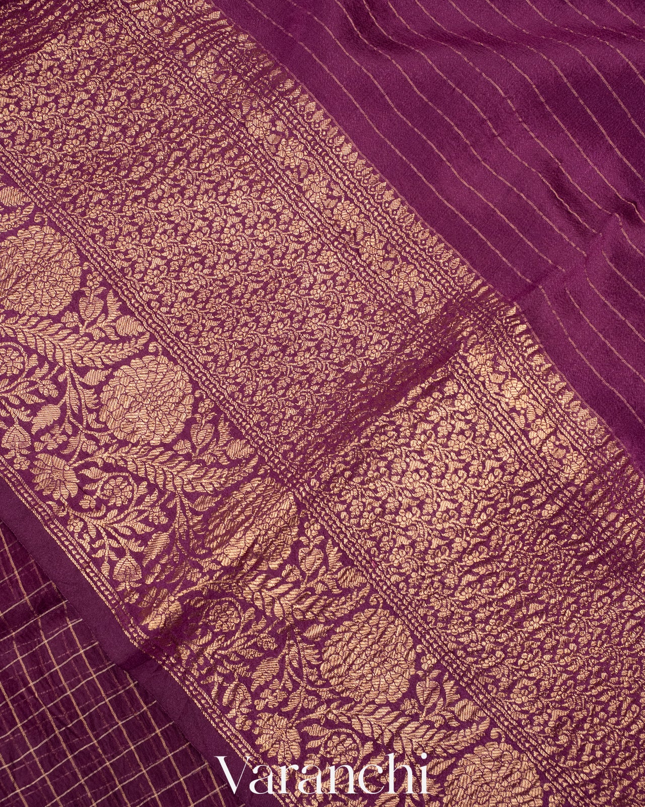 Deep Wine Purple Pure Crush Kora Silk Saree 