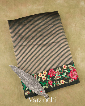 Jet Black Petit-Point Embroidered Tissue Striped Pure Katan Silk Saree