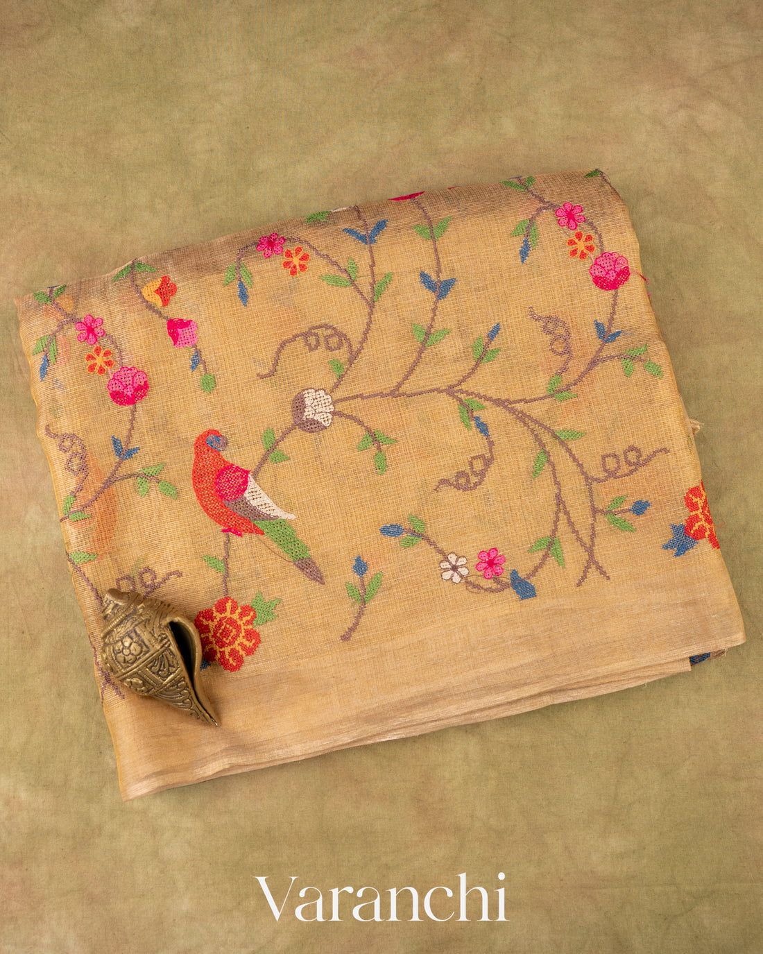 Golden Embroidered Pure Tissue Kota Silk Saree