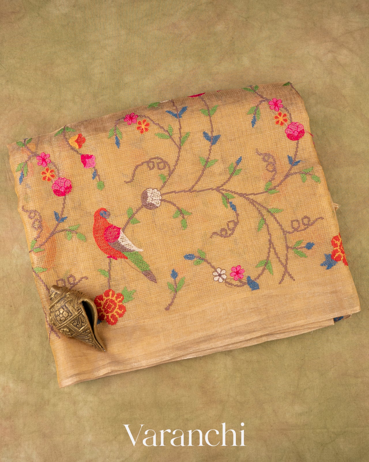 Golden Embroidered Pure Tissue Kota Silk Saree