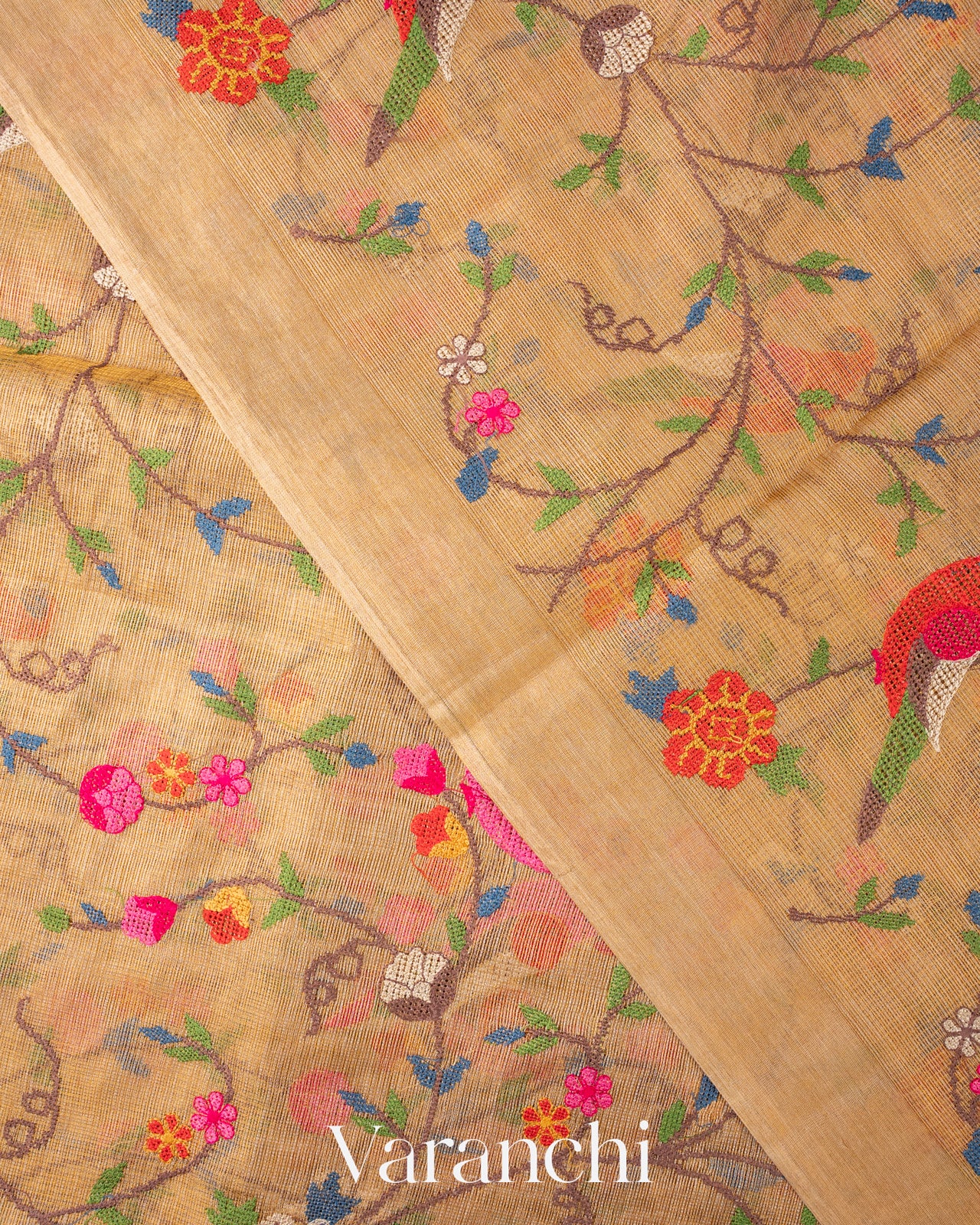 Golden Embroidered Pure Tissue Kota Silk Saree