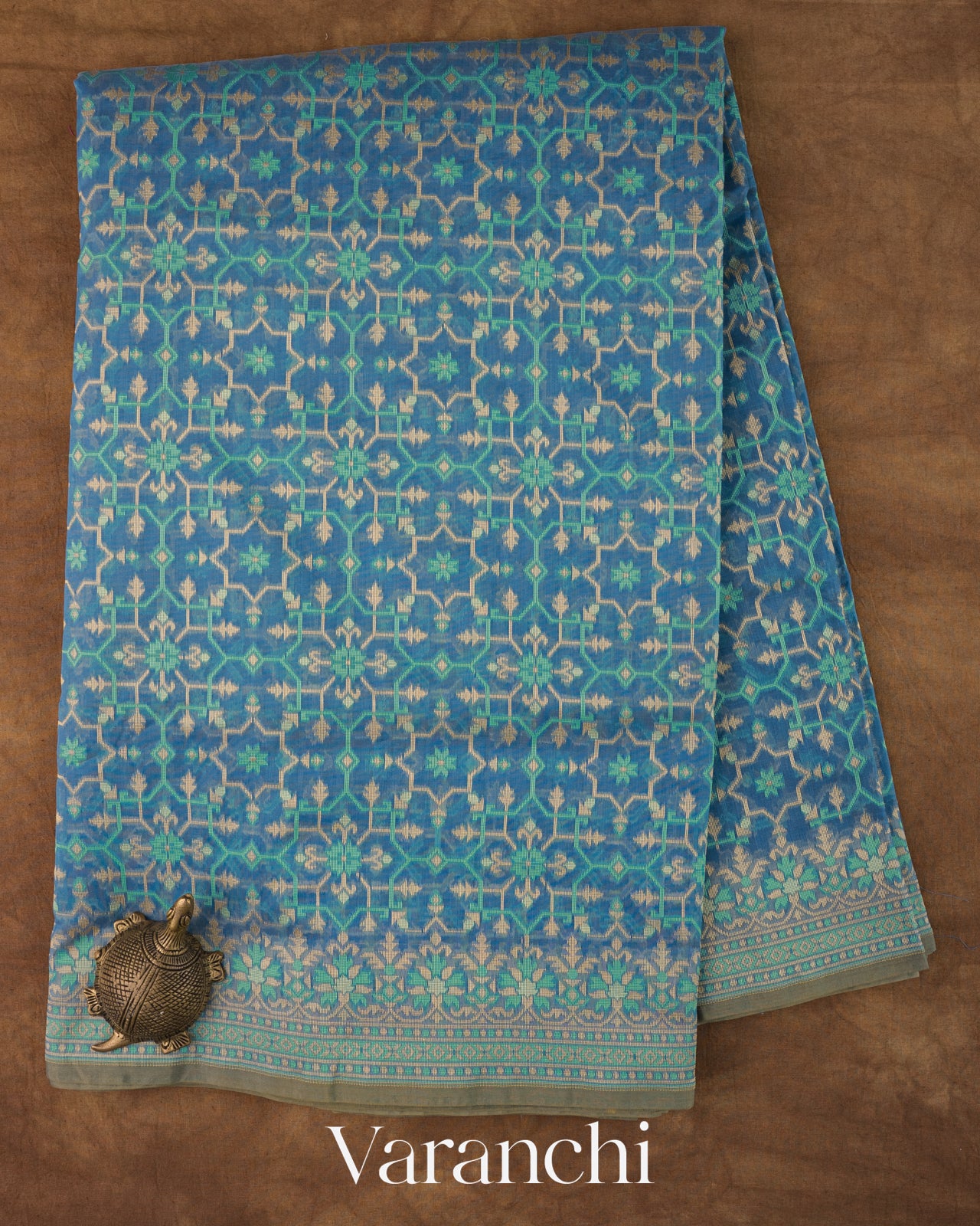 Muted Blue Jamdani Pure Kora Silk Cotton Saree 