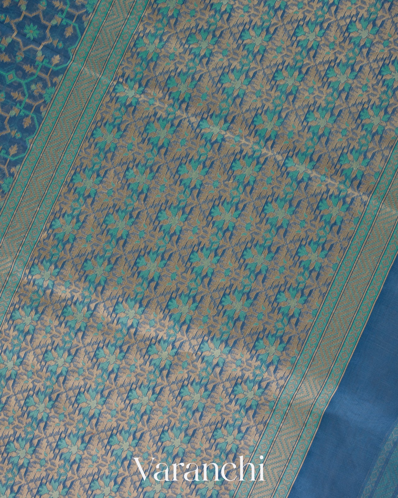 Muted Blue Jamdani Pure Kora Silk Cotton Saree 