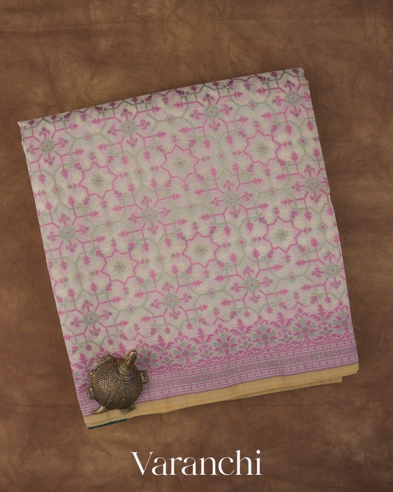 White and Pink Jamdani Pure Kora Silk Cotton Saree 