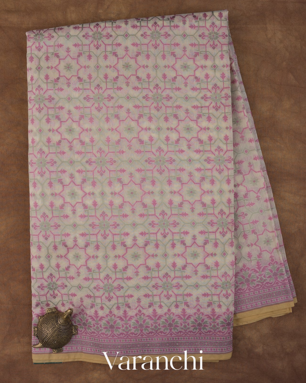 White and Pink Jamdani Pure Kora Silk Cotton Saree 