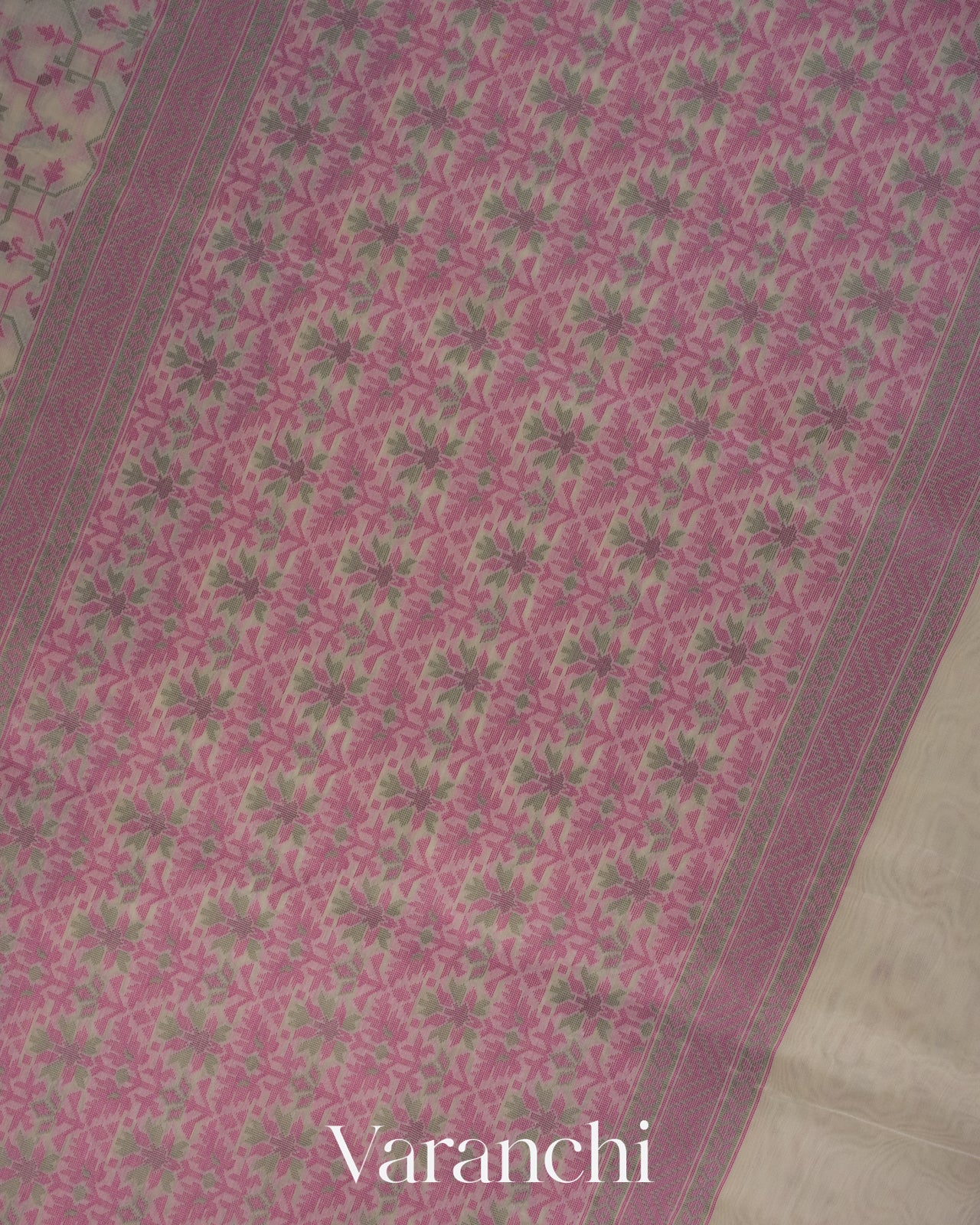 White and Pink Jamdani Pure Kora Silk Cotton Saree 