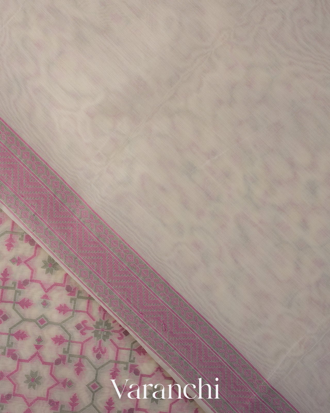 White and Pink Jamdani Pure Kora Silk Cotton Saree 