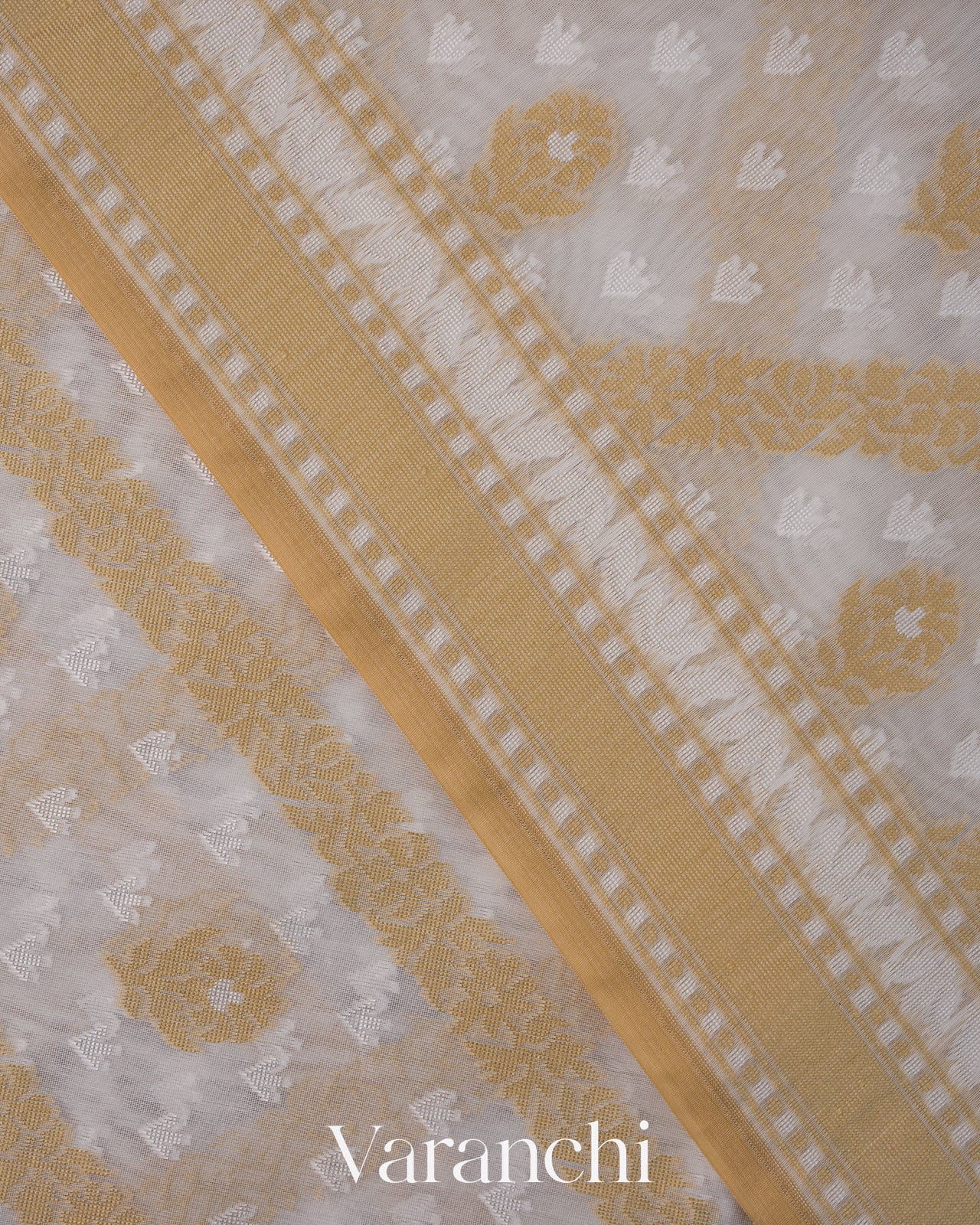 White Lehariya Jamdani Pure Kora Silk Cotton Saree