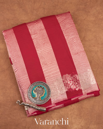 Red Tissue Striped Pure Kora Silk Saree