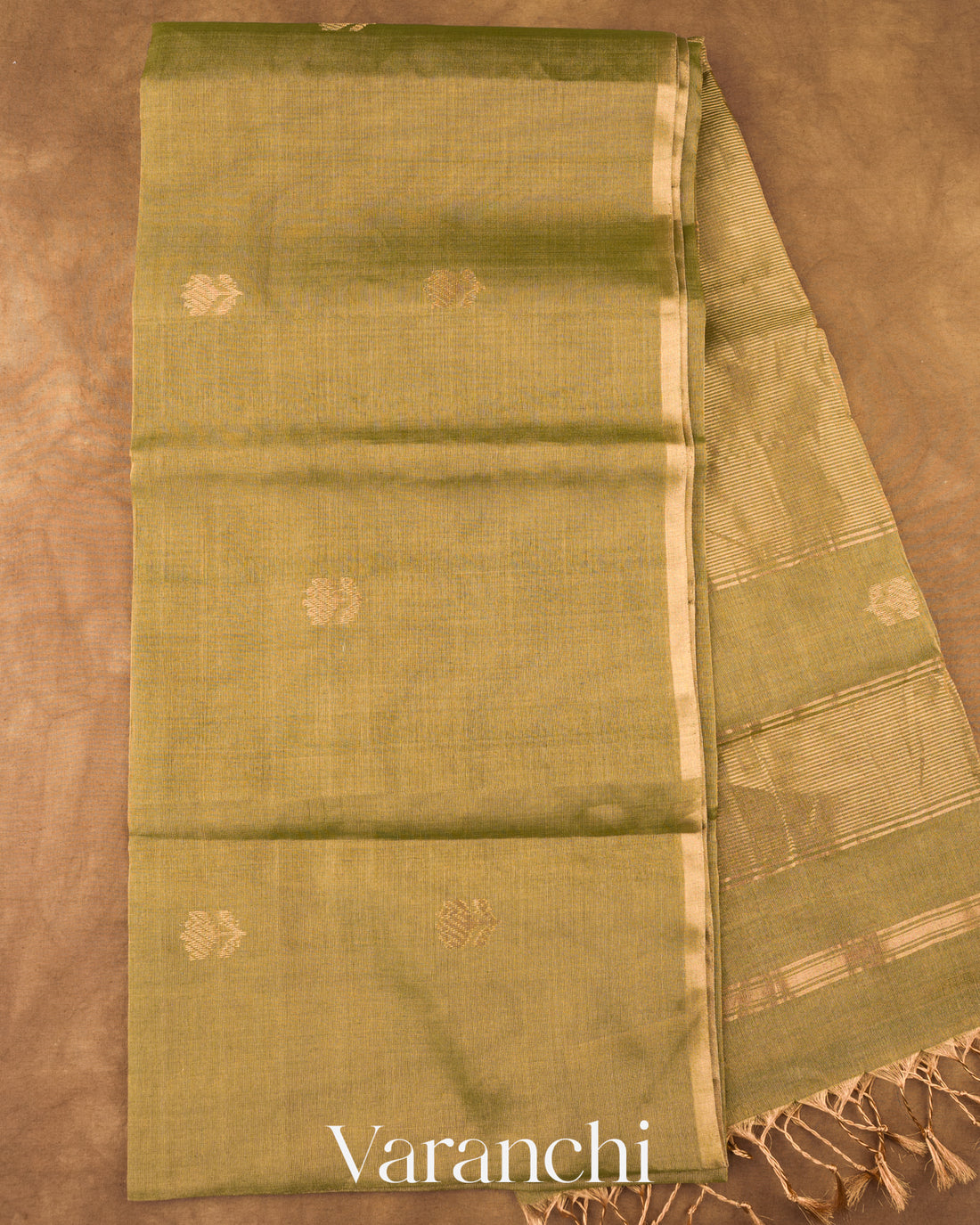 Olive Gold Pure Maheswari Silk Cotton Tissue Handloom Saree 
