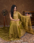 Olive Gold Pure Maheswari Silk Cotton Tissue Handloom Saree 