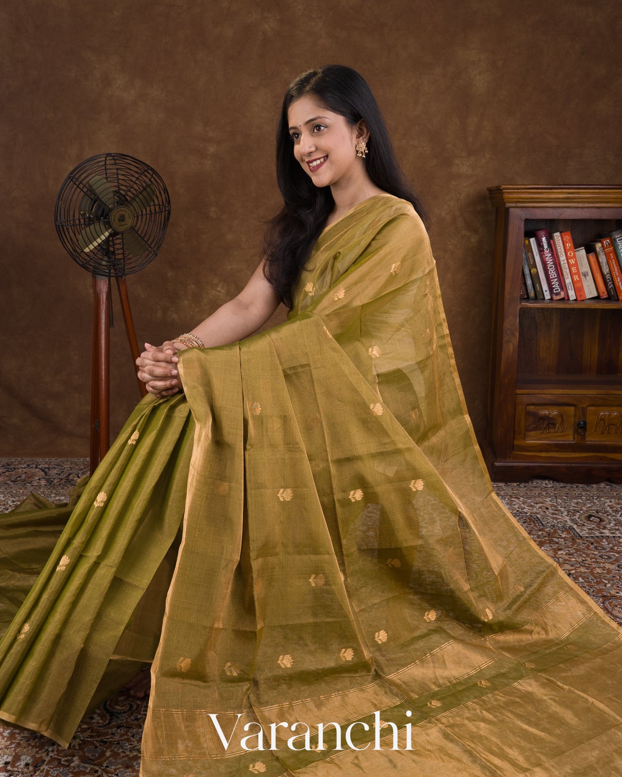 Olive Gold Pure Maheswari Silk Cotton Tissue Handloom Saree 