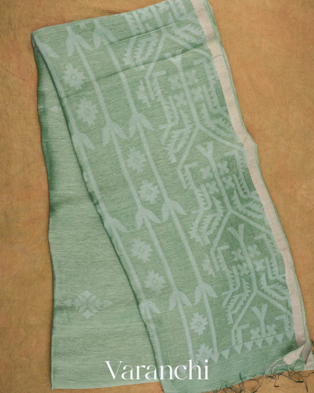 Sage Green Dhakai Jamdhani Pure Muslin Silk Handloom Saree