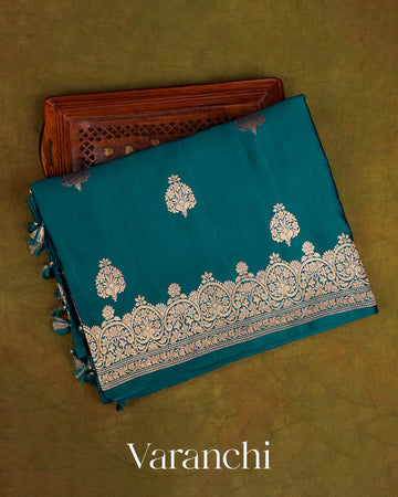 Peacock Blue Pure Satin Mashru Silk Handloom Saree